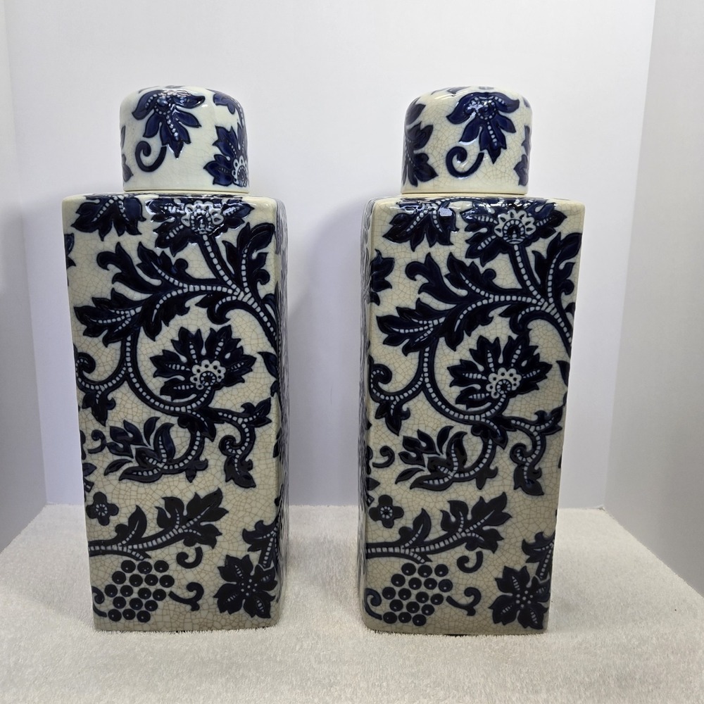 Embossed Square Ginger Jar Vase with Lid Crackled Style Cobalt Blue Floral 16"
